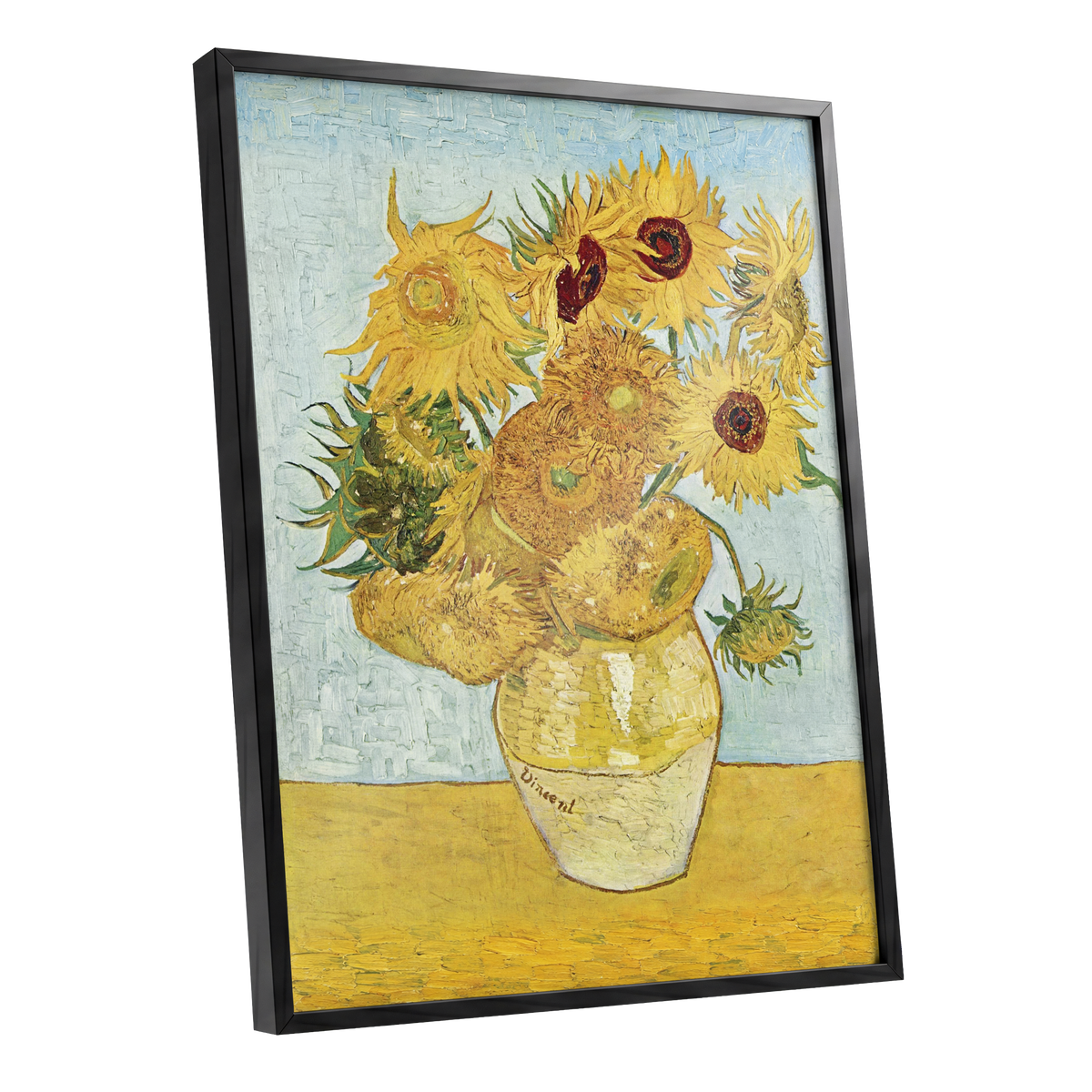 Sunflowers in Azure, yellow, blue, green floral wall art shown as a black framed poster wall art print