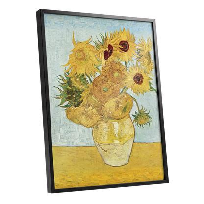 Sunflowers in Azure, yellow, blue, green floral wall art shown as a black framed poster wall art print