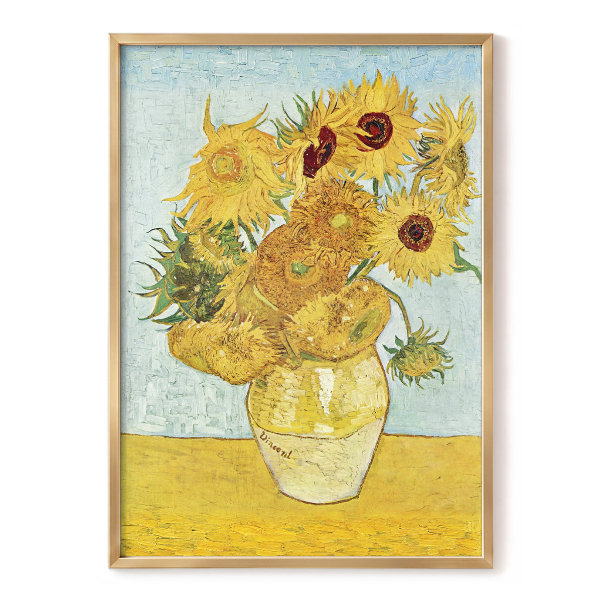 Sunflowers in Azure, yellow, blue, green floral wall art, front artwork view