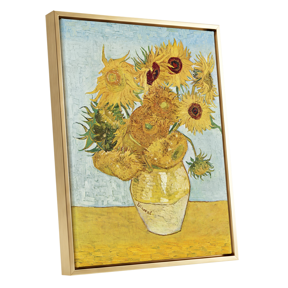 Sunflowers in Azure, yellow, blue, green floral wall art shown as a gold framed canvas wall art