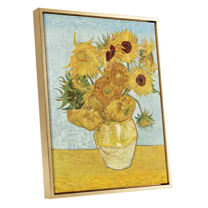 Sunflowers in Azure, yellow, blue, green floral wall art shown as a gold framed canvas wall art