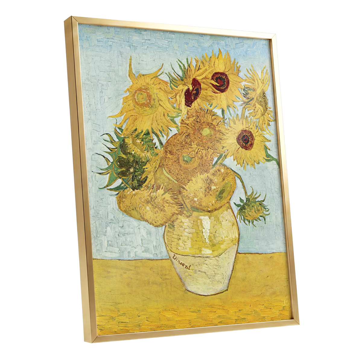 Sunflowers in Azure, yellow, blue, green floral wall art shown as a gold framed poster wall art print