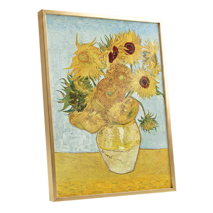 Sunflowers in Azure, yellow, blue, green floral wall art shown as a gold framed poster wall art print