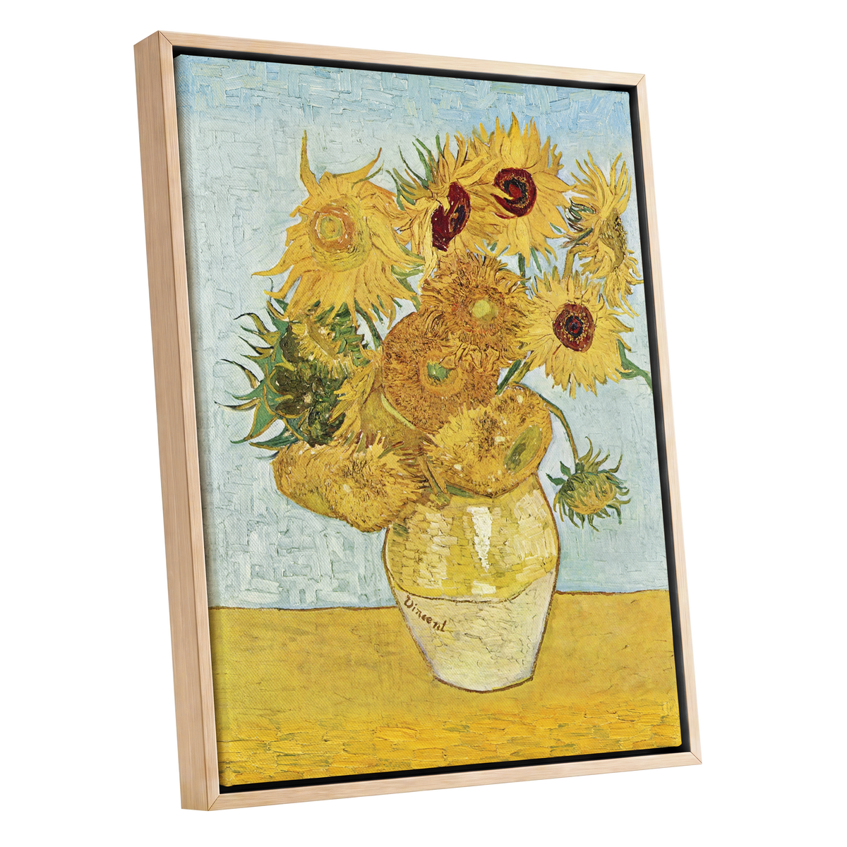 Sunflowers in Azure, yellow, blue, green floral wall art shown as a oak framed canvas wall art