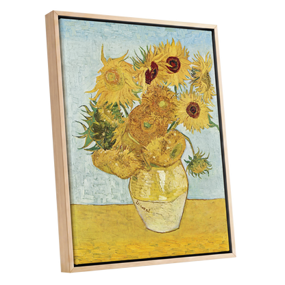 Sunflowers in Azure, yellow, blue, green floral wall art shown as a oak framed canvas wall art