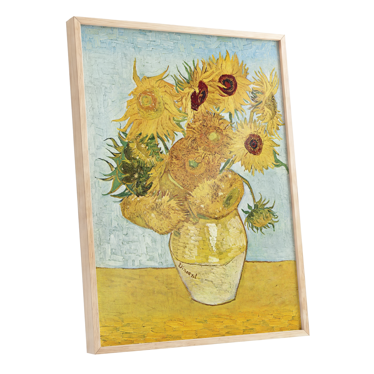 Sunflowers in Azure, yellow, blue, green floral wall art shown as a oak framed poster wall art print