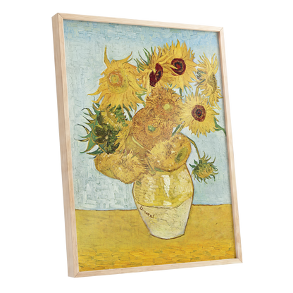 Sunflowers in Azure, yellow, blue, green floral wall art shown as a oak framed poster wall art print