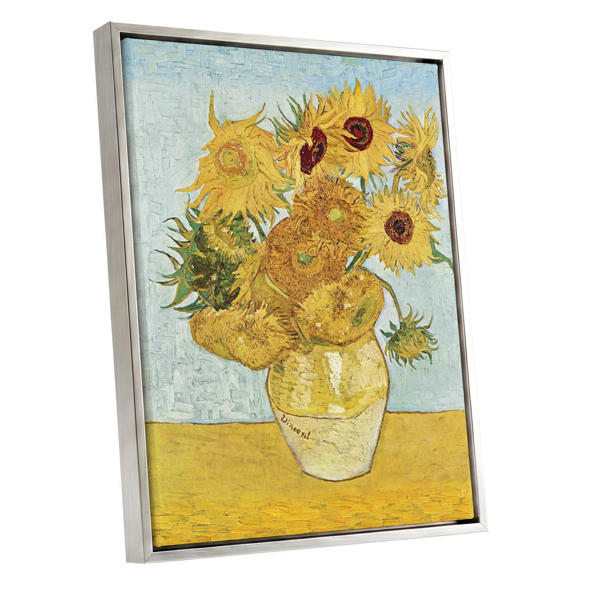 Sunflowers in Azure, yellow, blue, green floral wall art shown as a silver framed canvas wall art