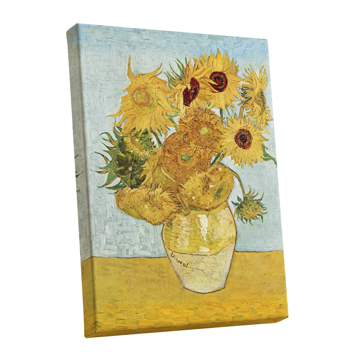 Sunflowers in Azure, yellow, blue, green floral wall art shown as a stretched canvas wall art