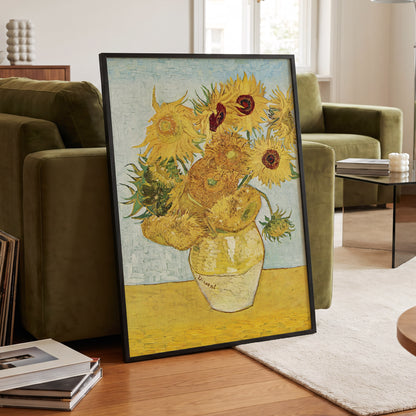 Sunflowers in Azure, yellow, blue, green floral wall art displayed in a styled interior, gallery view 2