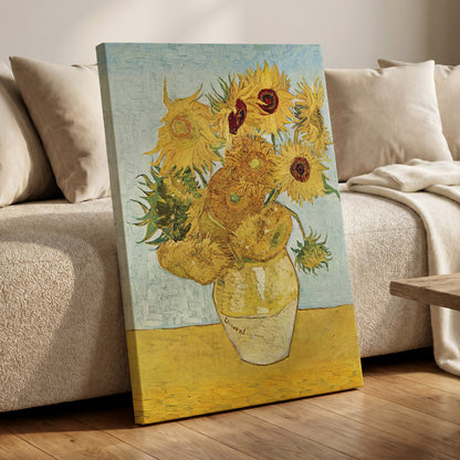 Sunflowers in Azure, yellow, blue, green floral wall art displayed in a styled interior, gallery view 3
