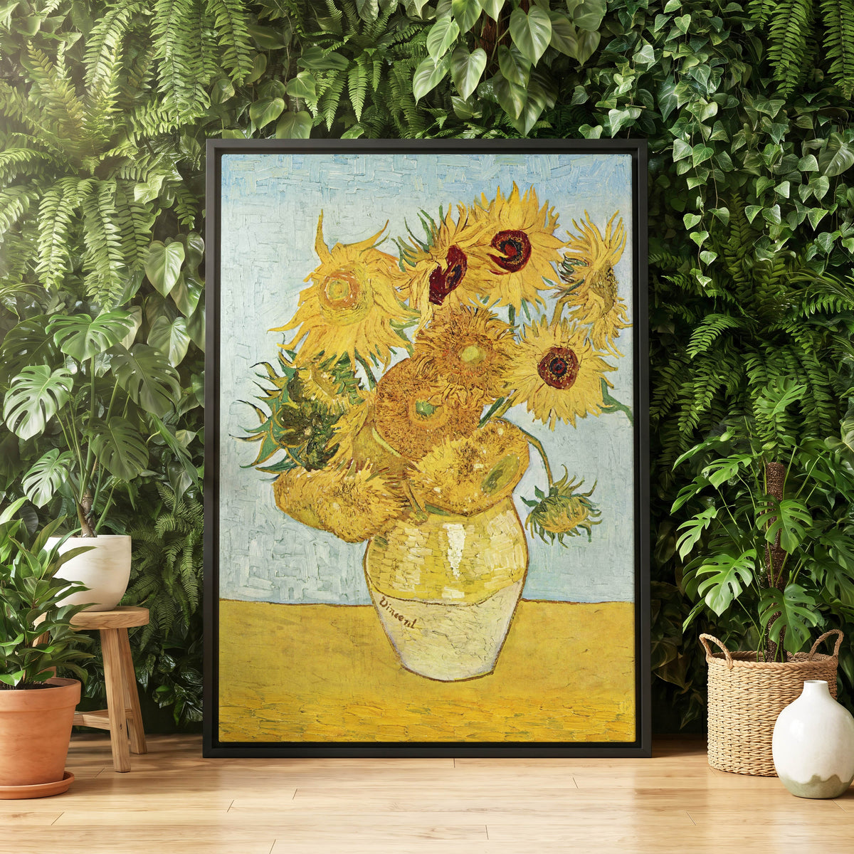 Sunflowers in Azure, yellow, blue, green floral wall art displayed in a styled interior, gallery view 4