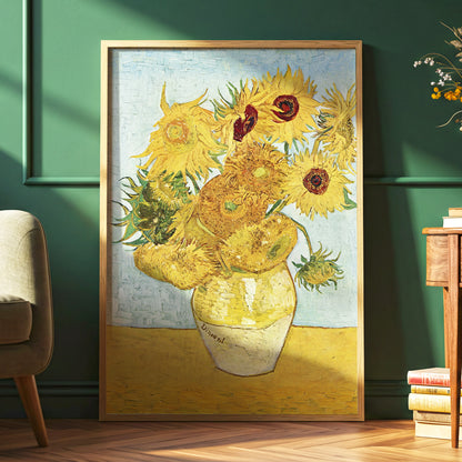 Sunflowers in Azure, yellow, blue, green floral wall art displayed in a styled interior, gallery view 6