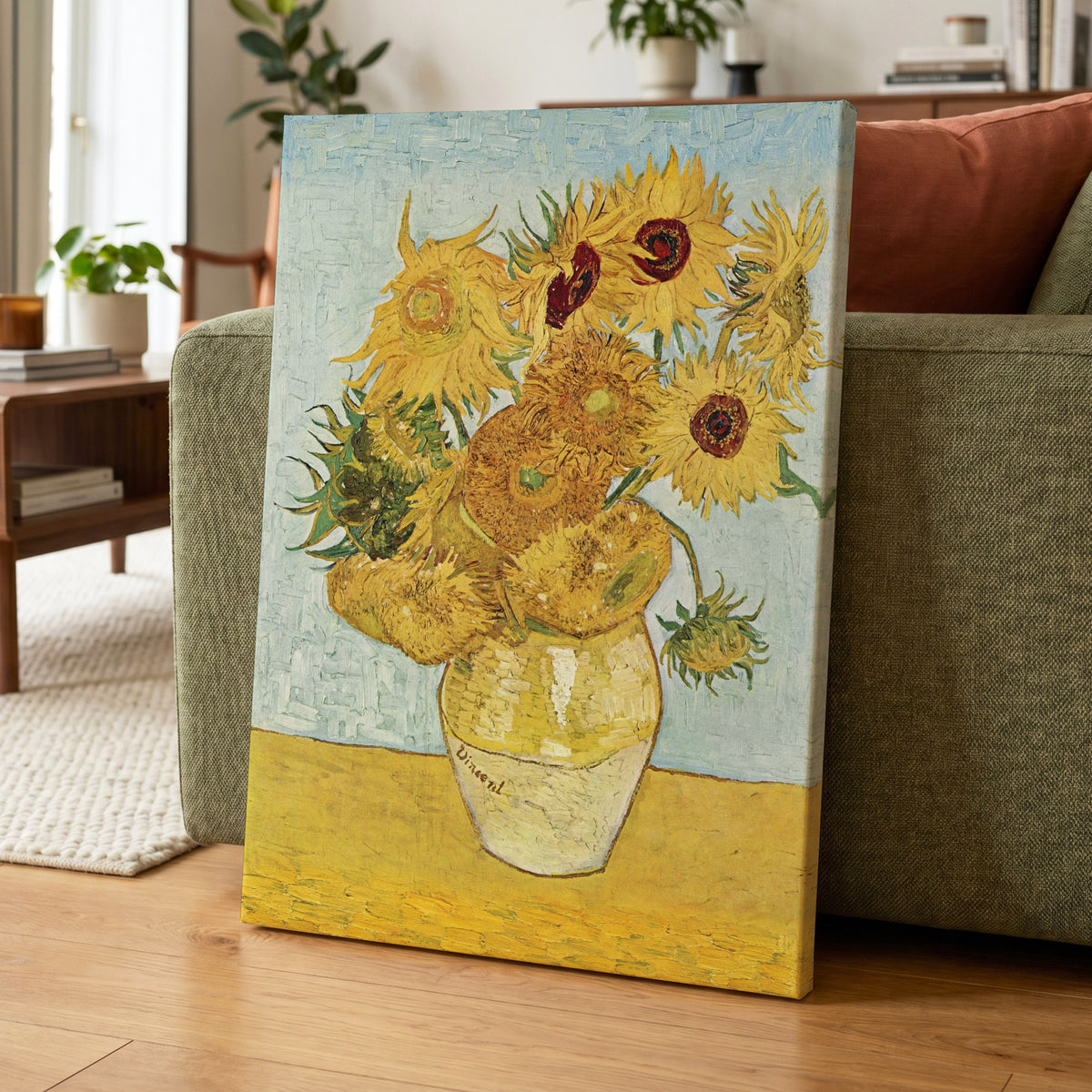 Sunflowers in Azure, yellow, blue, green floral wall art displayed in a styled interior, gallery view 7