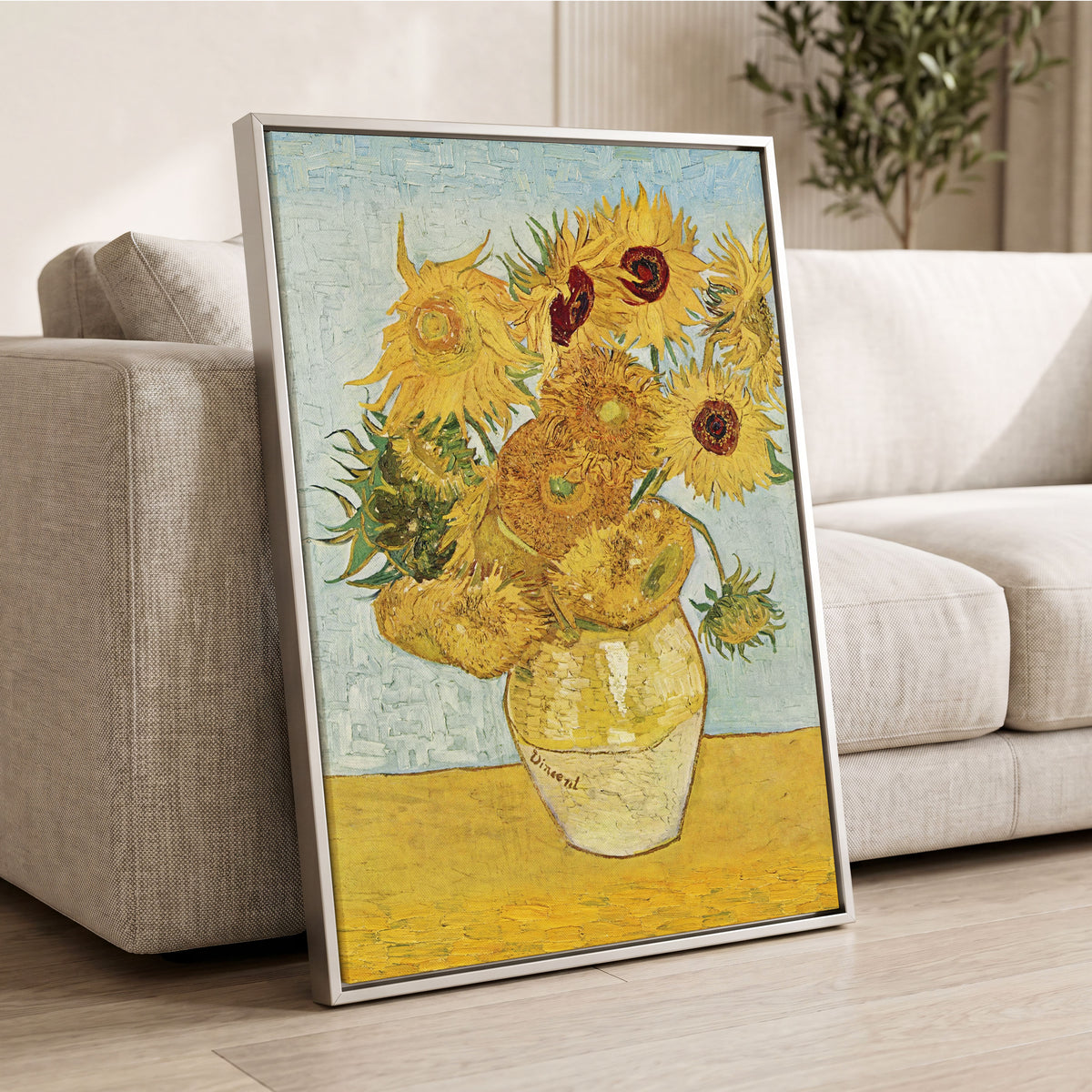 Sunflowers in Azure, yellow, blue, green floral wall art displayed in a styled interior, gallery view 8