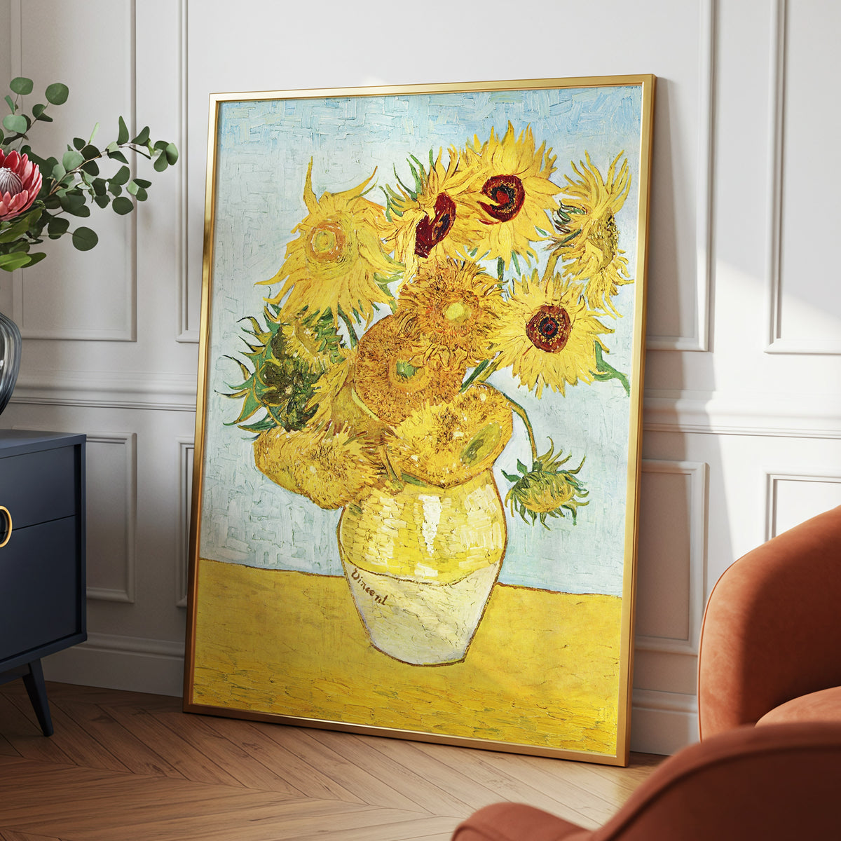 Sunflowers in Azure, yellow, blue, green floral wall art displayed in a styled interior, gallery view 9