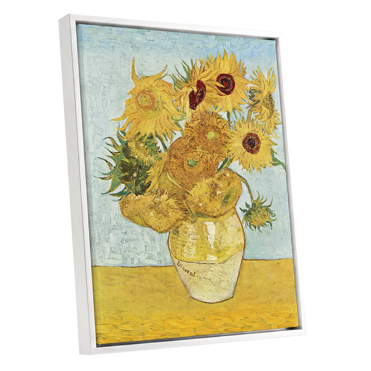 Sunflowers in Azure, yellow, blue, green floral wall art shown as a white framed canvas wall art
