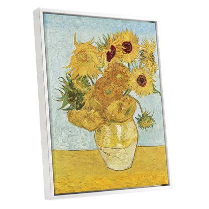 Sunflowers in Azure, yellow, blue, green floral wall art shown as a white framed canvas wall art
