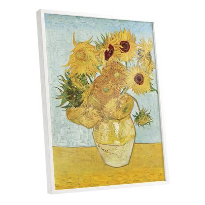 Sunflowers in Azure, yellow, blue, green floral wall art shown as a white framed poster wall art print