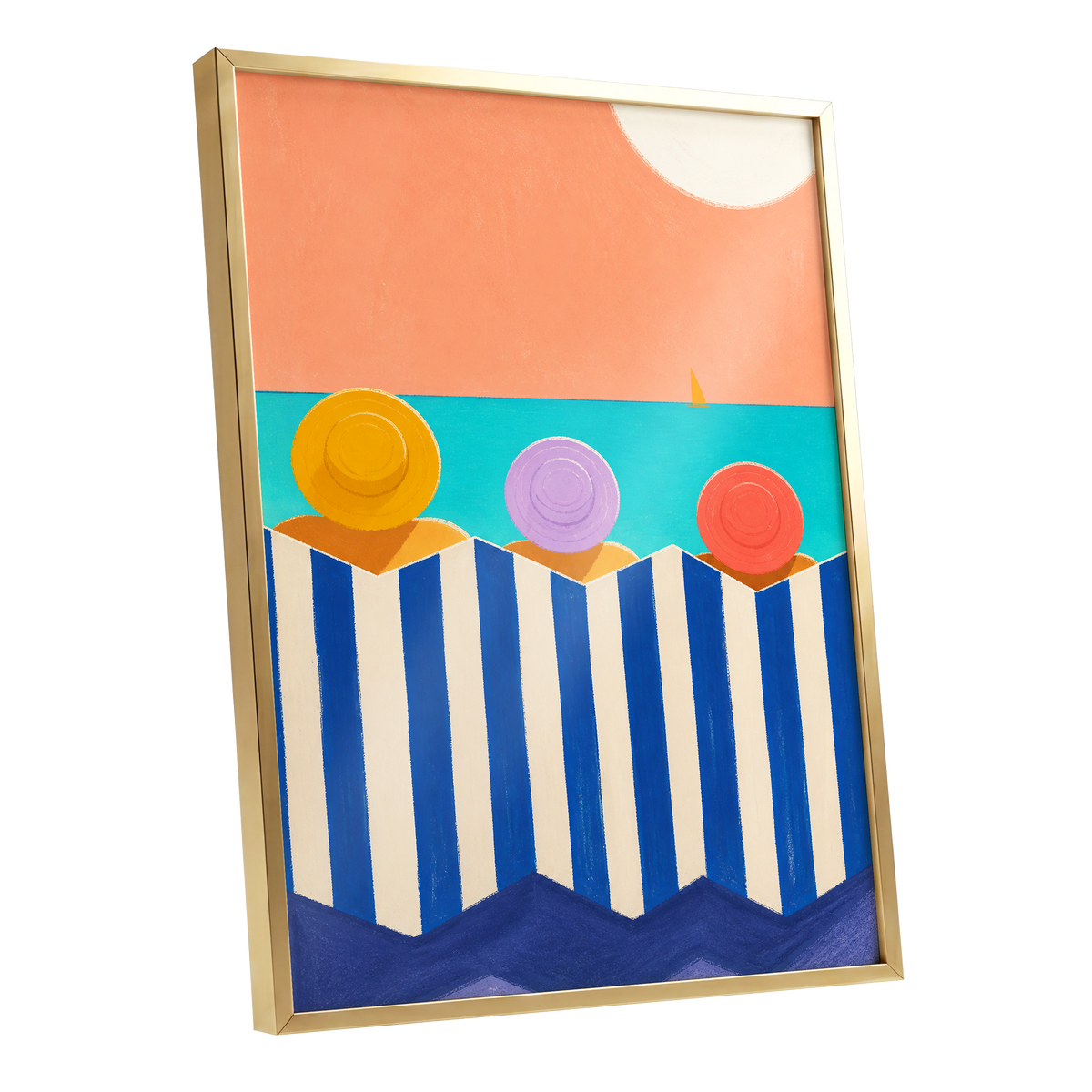 Sunhat Serenade, blue, orange, beige nature wall art shown as a gold framed poster wall art print