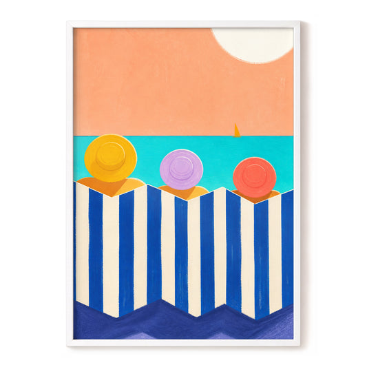 Sunhat Serenade, blue, orange, beige nature wall art, front artwork view