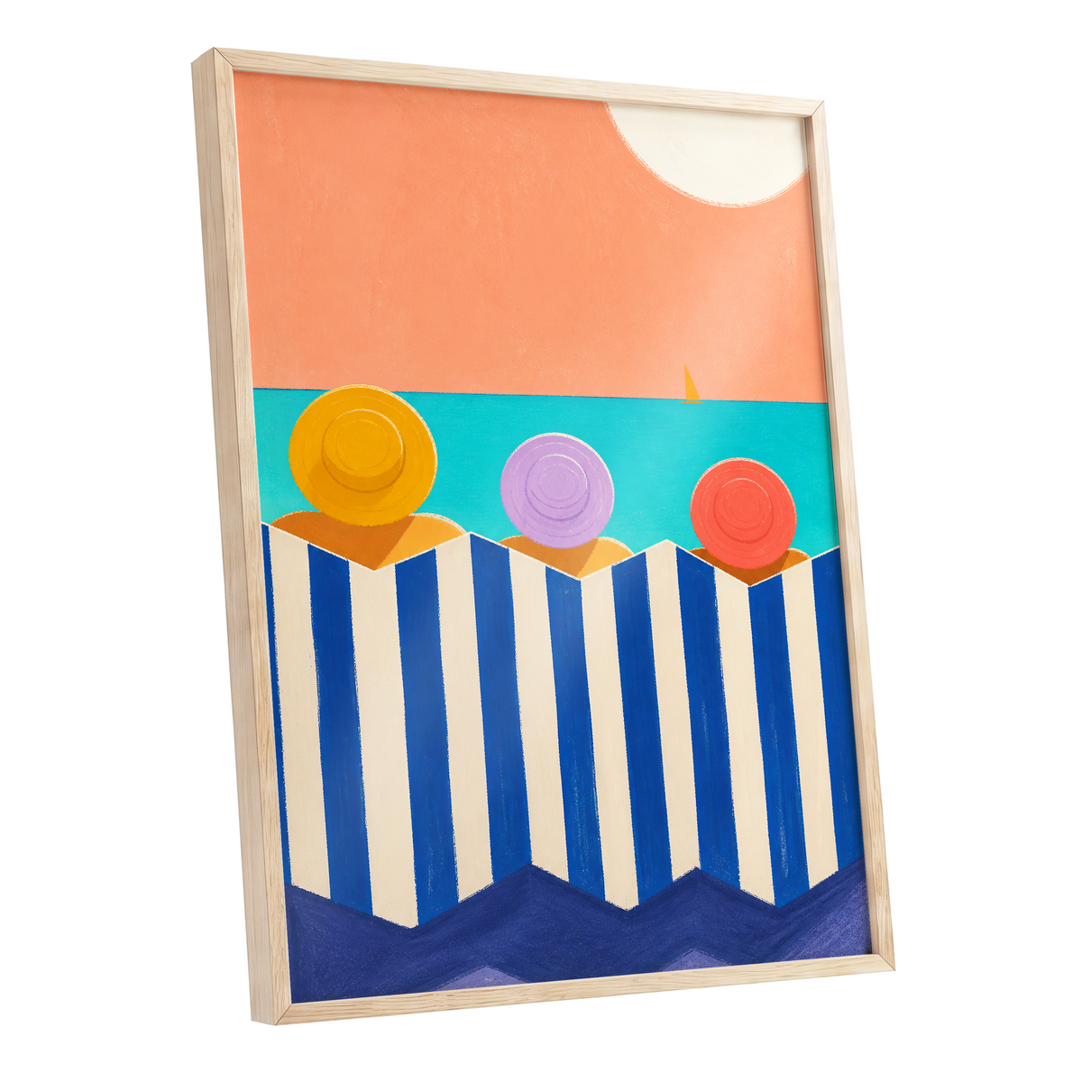 Sunhat Serenade, blue, orange, beige nature wall art shown as a oak framed poster wall art print