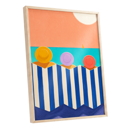 Sunhat Serenade, blue, orange, beige nature wall art shown as a oak framed poster wall art print