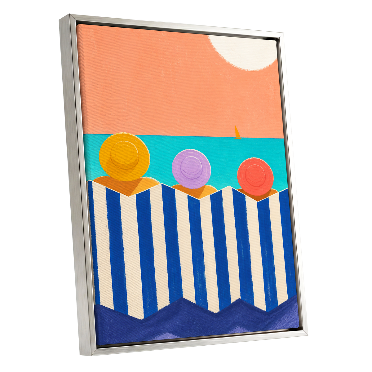 Sunhat Serenade, blue, orange, beige nature wall art shown as a silver framed canvas wall art