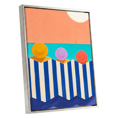 Sunhat Serenade, blue, orange, beige nature wall art shown as a silver framed canvas wall art
