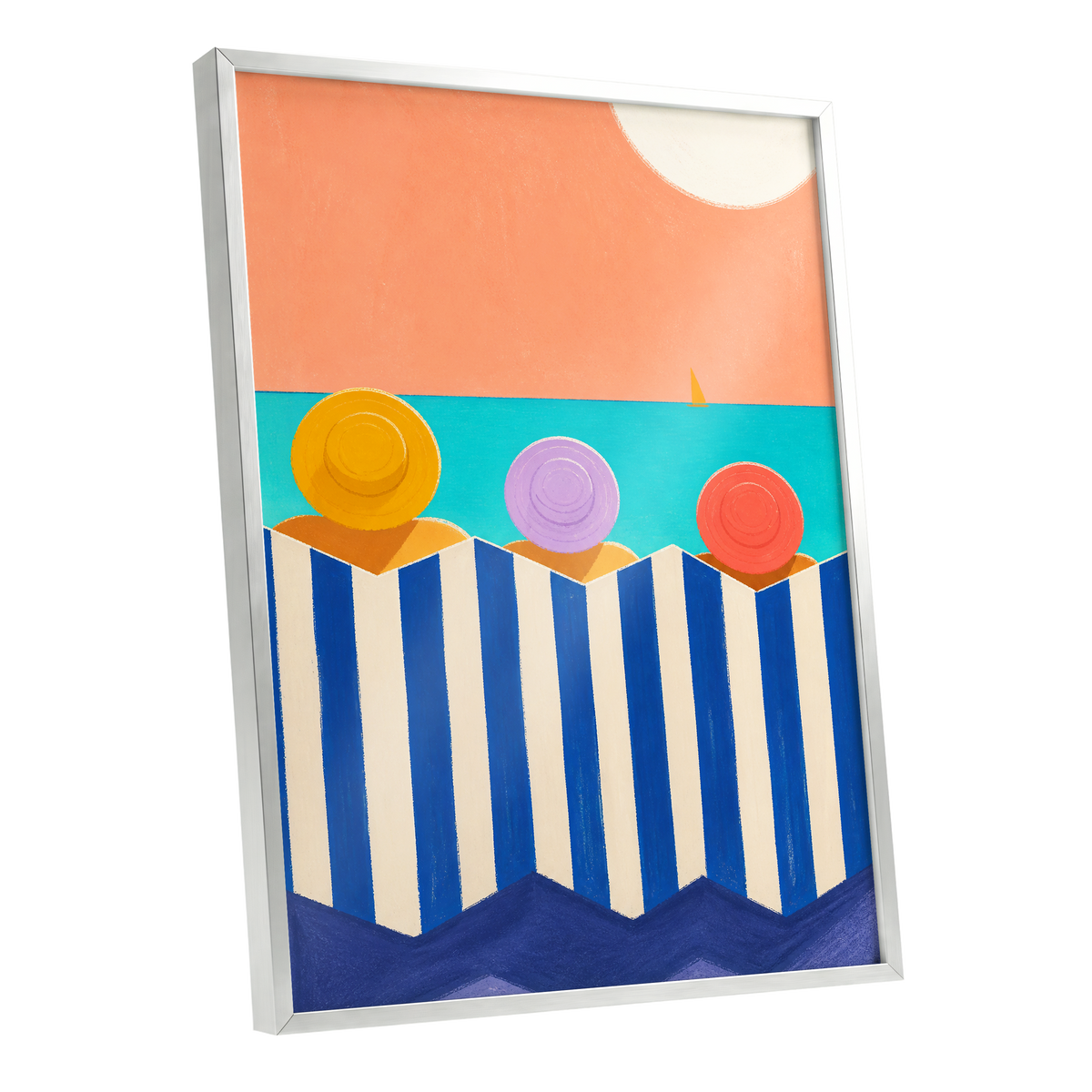 Sunhat Serenade, blue, orange, beige nature wall art shown as a silver framed poster wall art print