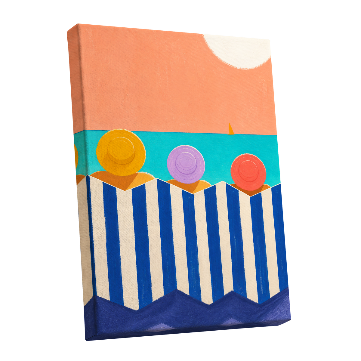 Sunhat Serenade, blue, orange, beige nature wall art shown as a stretched canvas wall art