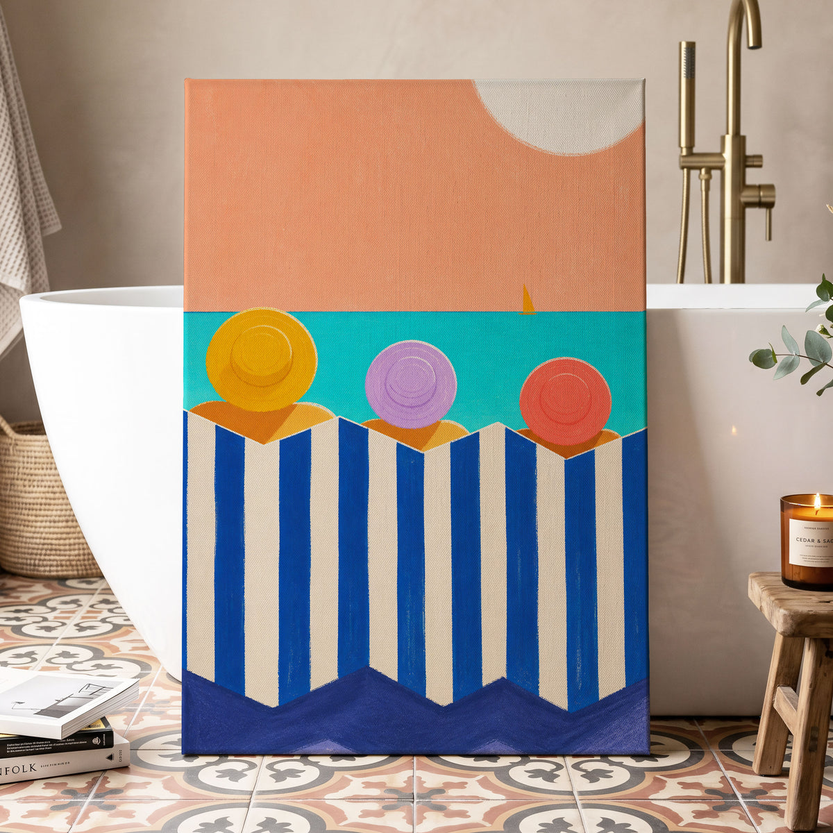 Sunhat Serenade, blue, orange, beige nature wall art displayed in a styled interior, gallery view 7