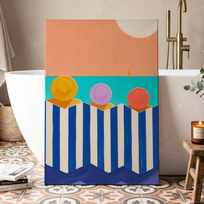 Sunhat Serenade, blue, orange, beige nature wall art displayed in a styled interior, gallery view 7
