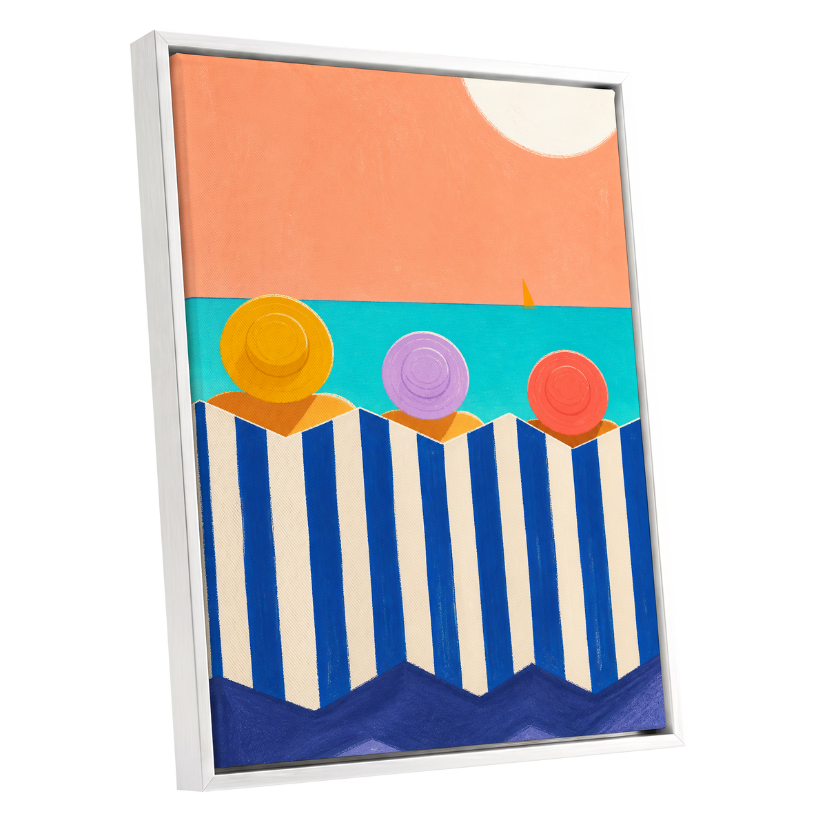 Sunhat Serenade, blue, orange, beige nature wall art shown as a white framed canvas wall art