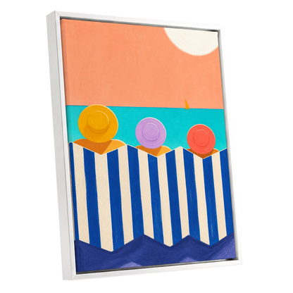 Sunhat Serenade, blue, orange, beige nature wall art shown as a white framed canvas wall art