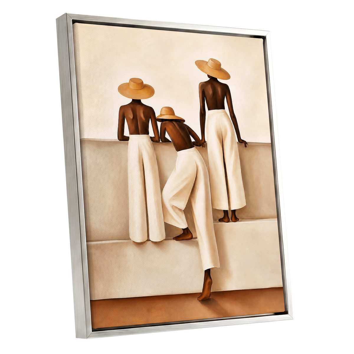 Sunhat Silhouettes, beige, brown, white minimalist wall art shown as a silver framed canvas wall art