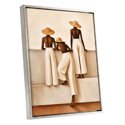 Sunhat Silhouettes, beige, brown, white minimalist wall art shown as a silver framed canvas wall art