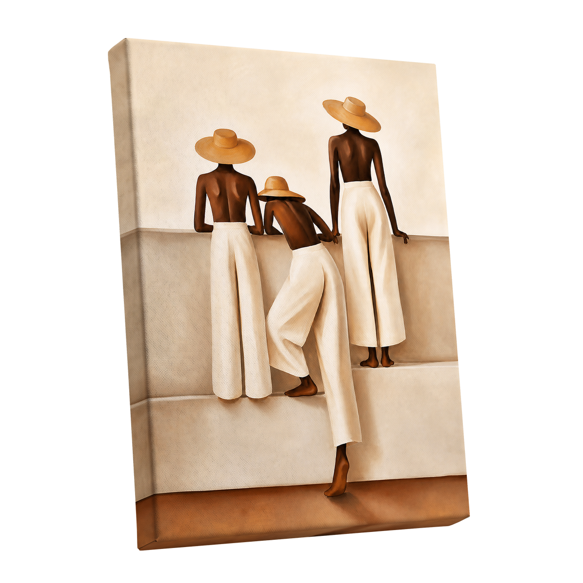 Sunhat Silhouettes, beige, brown, white minimalist wall art shown as a stretched canvas wall art