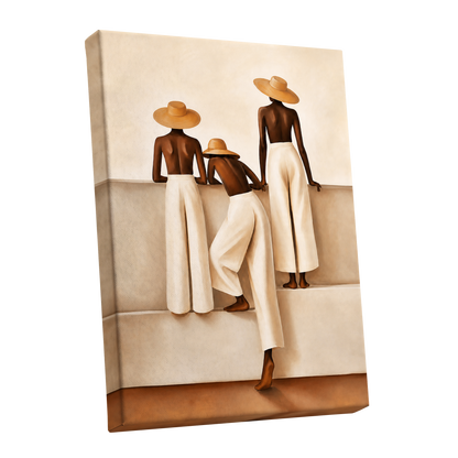 Sunhat Silhouettes, beige, brown, white minimalist wall art shown as a stretched canvas wall art