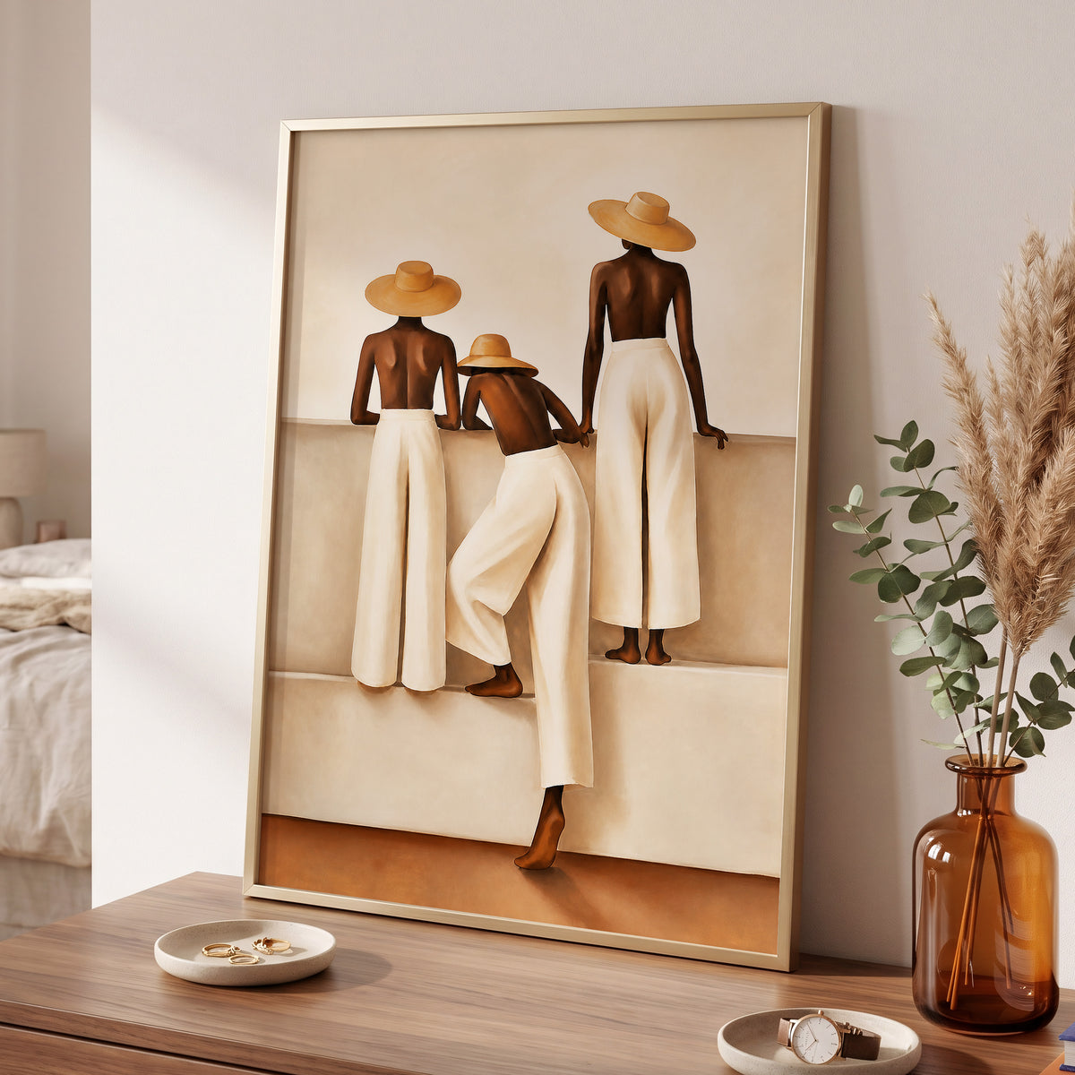 Sunhat Silhouettes, beige, brown, white minimalist wall art displayed in a styled interior, gallery view 6