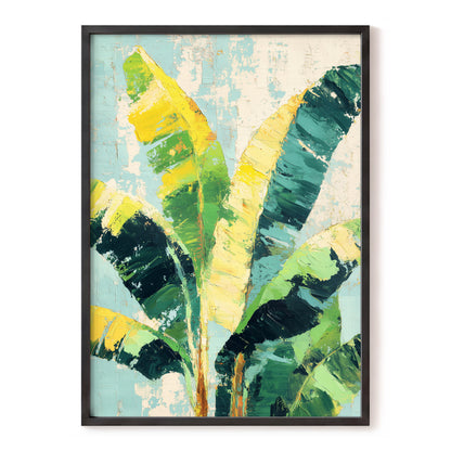 Sunlit Banana Canopy – green, yellow, blue nature wall art, front view