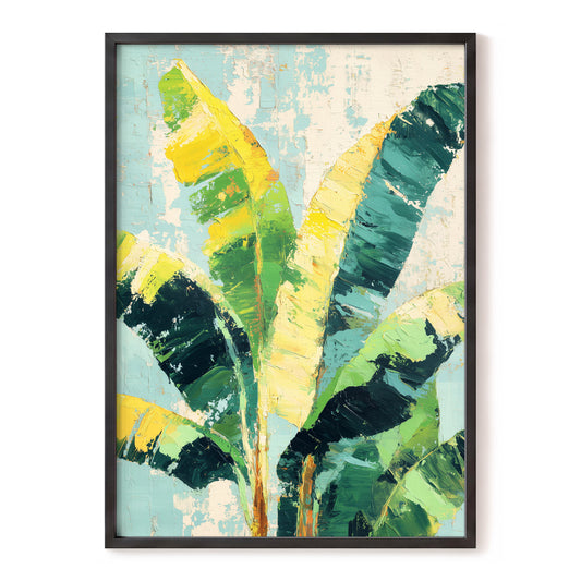 Sunlit Banana Canopy – green, yellow, blue nature wall art, front view