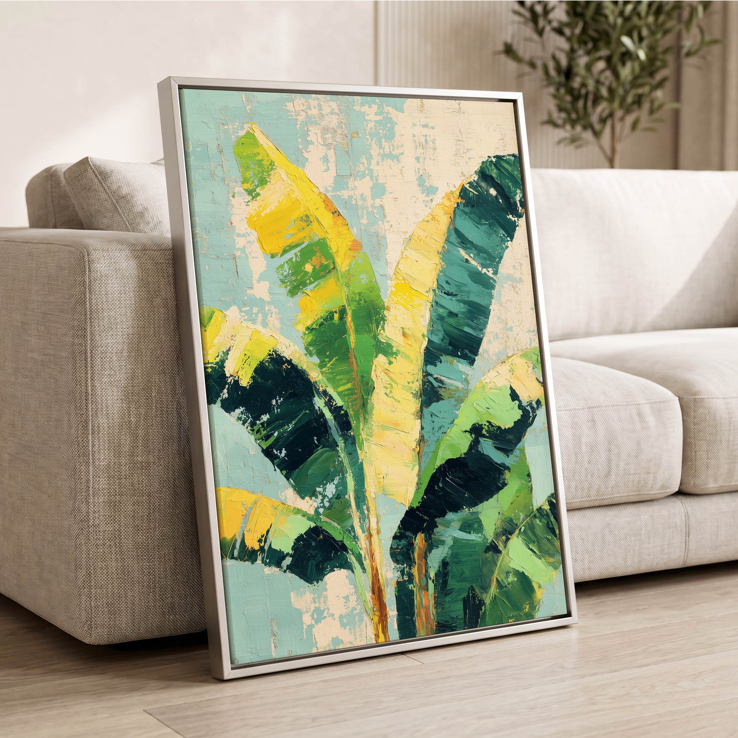 Sunlit Banana Canopy – wall art displayed in a styled interior, gallery view 2