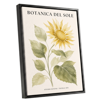 Sunlit Botanical, gold, green, beige floral wall art shown as a black framed canvas wall art