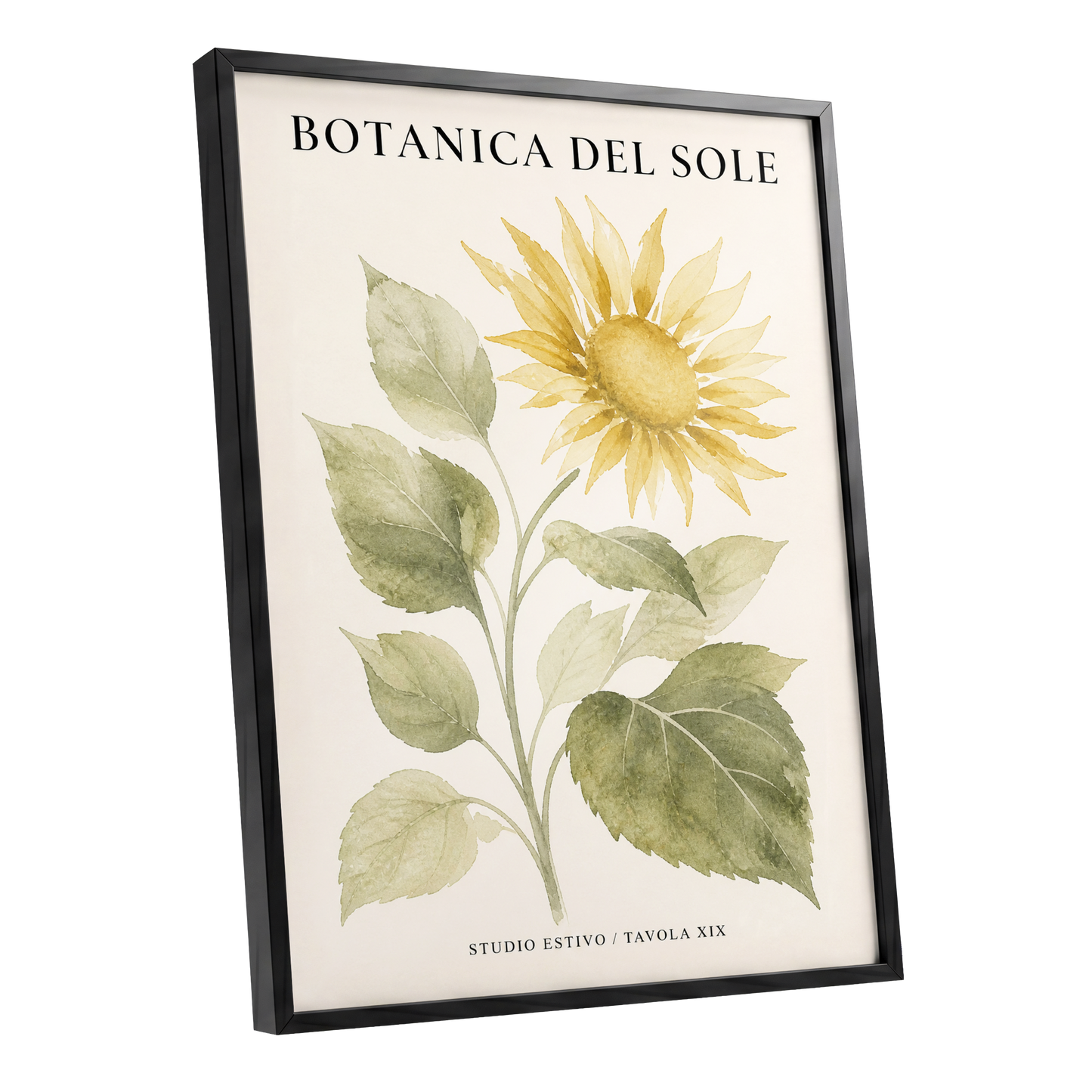 Sunlit Botanical, gold, green, beige floral wall art shown as a black framed poster wall art print