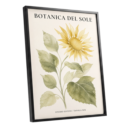 Sunlit Botanical, gold, green, beige floral wall art shown as a black framed poster wall art print