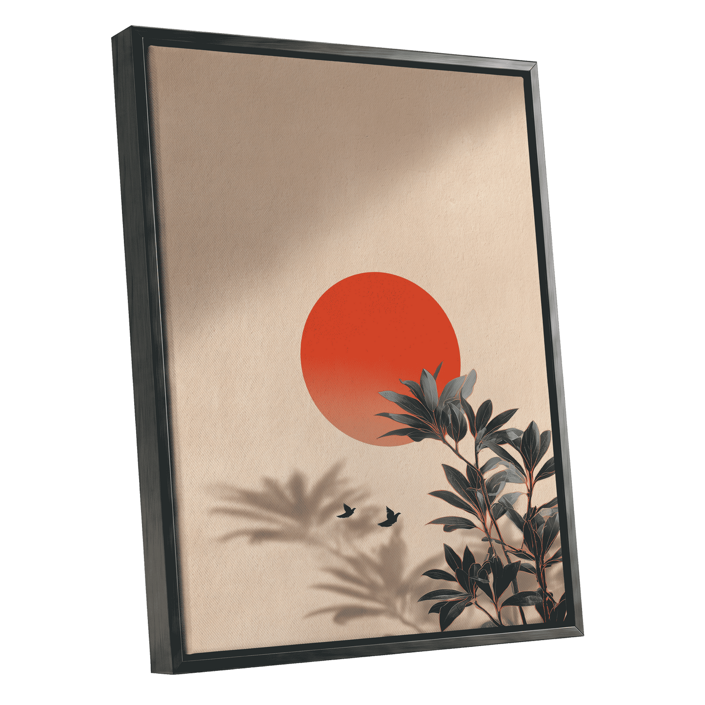 Sunlit Botanical Calm, beige, orange, green nature wall art shown as a black framed canvas wall art
