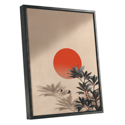 Sunlit Botanical Calm, beige, orange, green nature wall art shown as a black framed canvas wall art