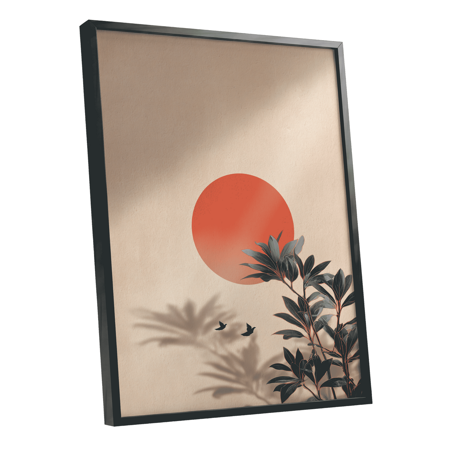 Sunlit Botanical Calm, beige, orange, green nature wall art shown as a black framed poster wall art print