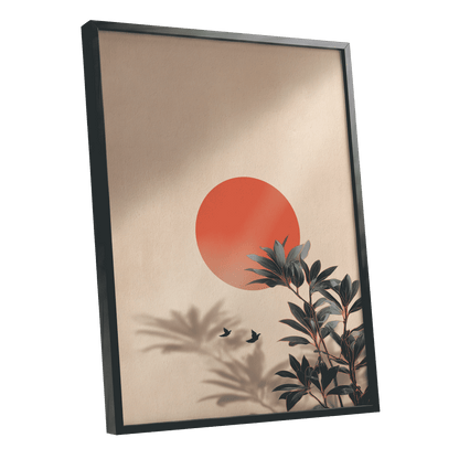 Sunlit Botanical Calm, beige, orange, green nature wall art shown as a black framed poster wall art print